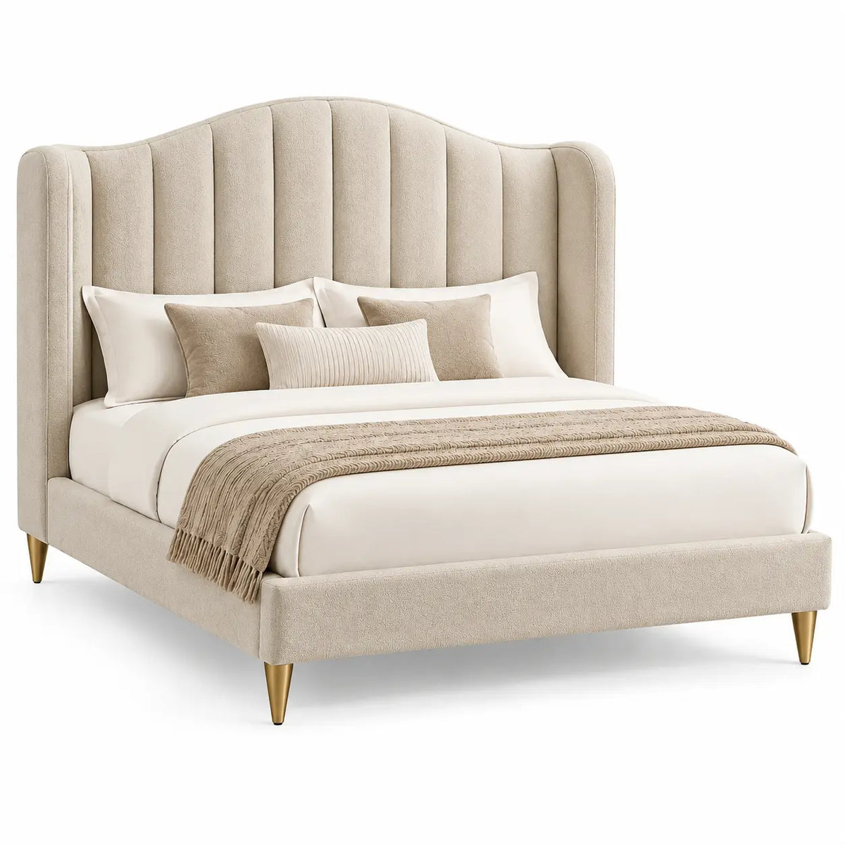 Estructura de cama con cabecero de contorno redondeado, beige y marrón