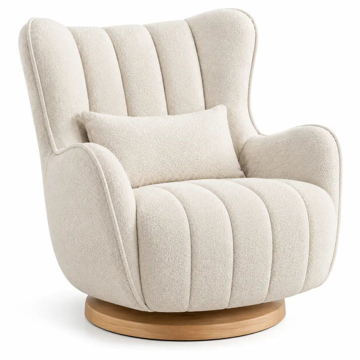 Sillón tapizado de líneas curvas con acolchado acanalado y respaldo alto, beige y marrón