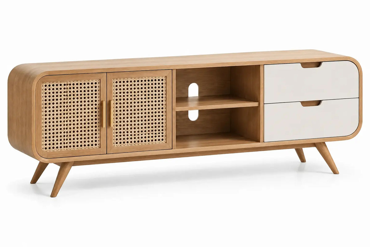 Mueble bajo para televisión con detalles de entramado y estantes, marrón y blanco