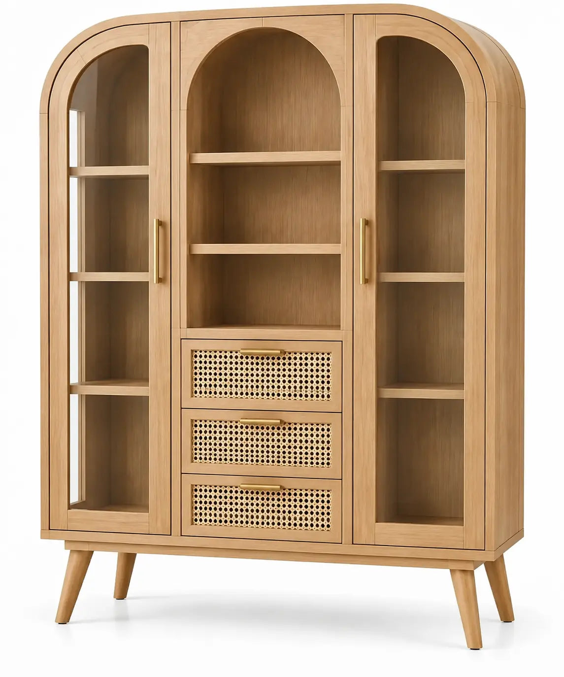 Vitrina de almacenamiento con formas arqueadas y estantes, marrón