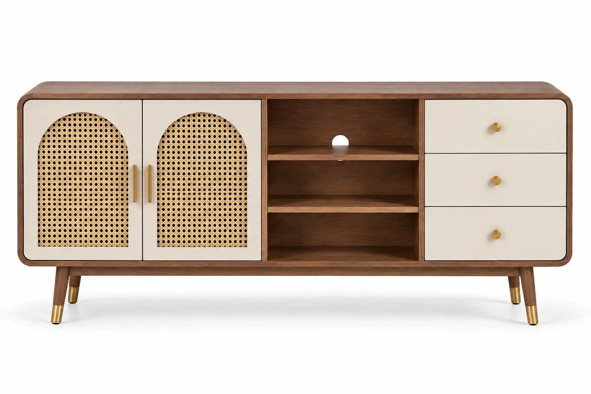 Mueble bajo para televisión con detalles de entramado y estantes, marrón y blanco