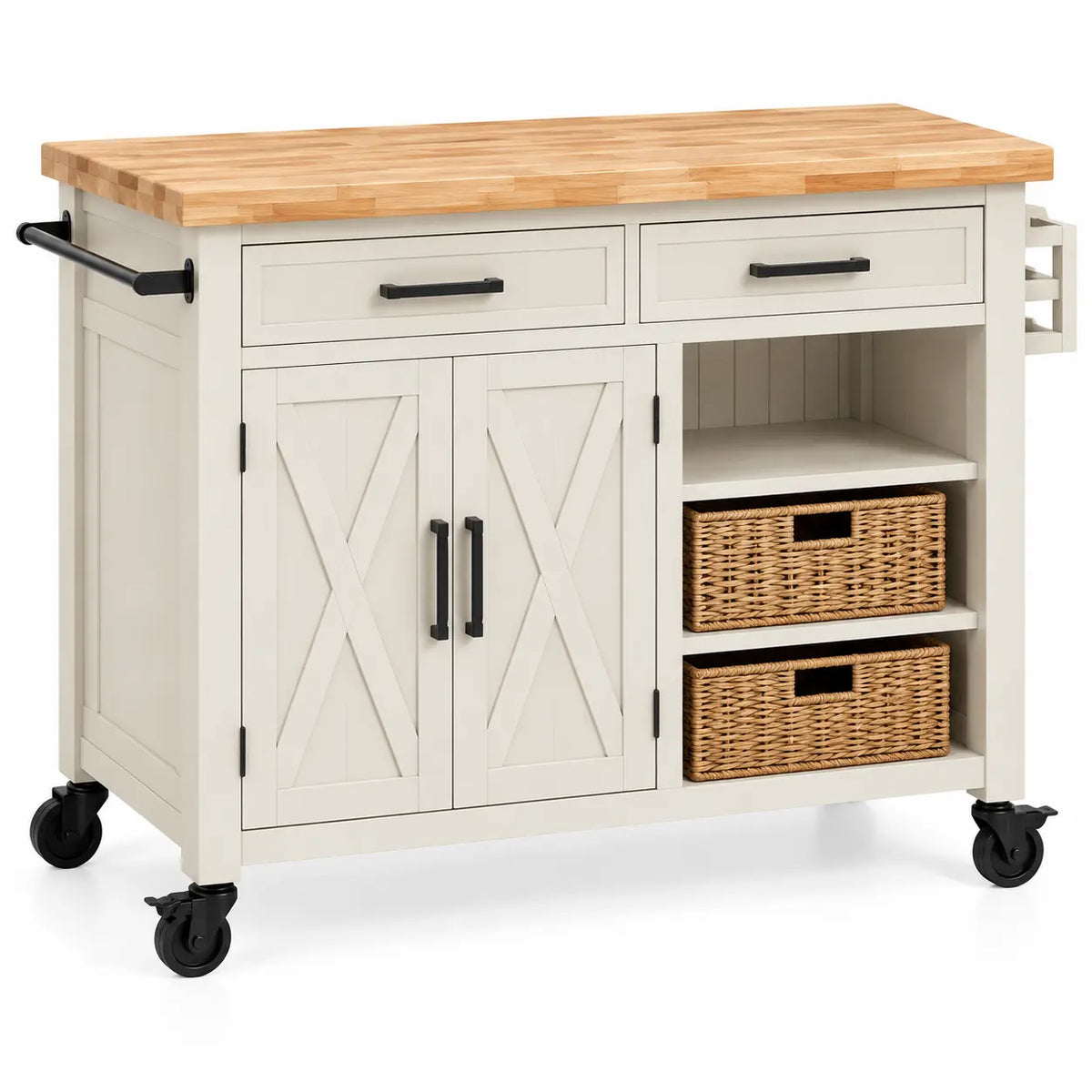 Mueble auxiliar de cocina con ruedas con detalles cruzados y estantes, blanco y marrón