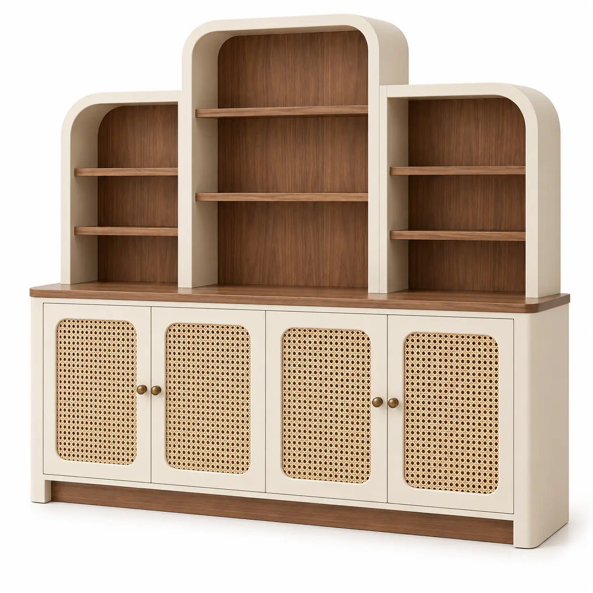 Estantería con almacenamiento con formas arqueadas y detalles de entramado, blanco y marrón